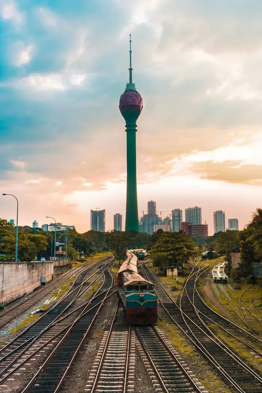Colombo Lotus Tower rising above the city railway tracks